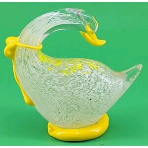 Vintage Hand Blown Art Glass Duck Goose Figurine Yellow & White Speckled...